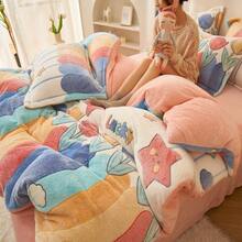 1pc Snowflake Fleece Floral & Cartoon Print Pink Duvet Cover, Warm & Reversible For Bedroom Bedding, Suitable For Spring, Autumn & Winter (Duvet Insert Not Included) - Pink - View 10