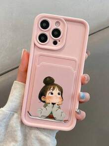 2pcs Set: 1pc Pink Lens Protection Stepped Pattern Phone Case + 1pc Cute Girl Angry Minimalist Print Card Holder Phone Case, Compatible With Apple 17 Air, 17, 16, 15, 14, 13, 12, 11 Pro Max - Multicolor - View 1