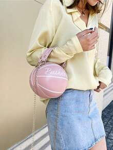 Mini Letter Basketball Design Round Bag, Fashionable Chain Shoulder Round Bag, Zipper Handbag - Multicolor - View 1