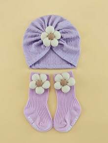 0-6个月婴儿四季花朵弹性头带帽子和袜子套装，新生儿无檐便帽礼盒，婴幼儿头饰配饰套装