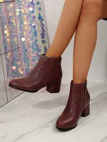 新款秋冬时尚女式高跟靴，粗跟，圆头，侧拉链，纯色搭扣，百搭舒适 - 酒紅色 - 查看 3