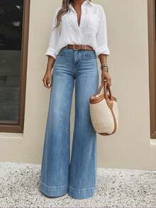 女士休闲阔腿牛仔裤，优雅时尚长款，带口袋，中等弹力水洗面料 - 中等水洗藍 - 查看 5