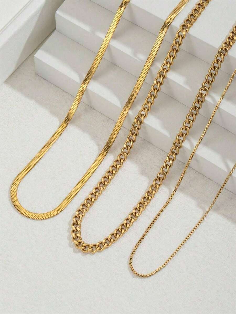 3pcs Elegant Luxury Lady Style Gold Stainless Steel Necklace Set, Adjustable Chain Length, Suitable For Important Occasions And Daily Wear, Great Gift For Girlfriend, Wife, Mother, Family And Friends - Gold - View 1