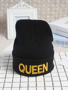 2pcs Black Unisex Knitted Hat With 'queen' And 'king' Embroidery, Ear Protection, Winter Street - Black - View 6