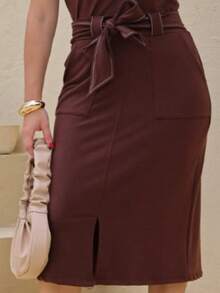 Women's Plus Size Set V-Neck Blouse Midi Skirt With Pocket Sweatshirt Elegant Evangelical Fashion Simple Office - 鏽棕色 - 查看 5