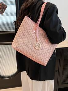 复古字母印花单肩手提包，大容量单肩包，腋下包，通勤必备，母亲节礼物 - 粉色 - 查看 7