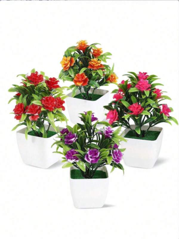 4 piezas - Plantas falsas pequeñas, plantas artificiales mini con flores para decoración del hogar, oficina, granja, baño, mesa, estantería, interior, boda, fiesta, decoraciones de primavera.