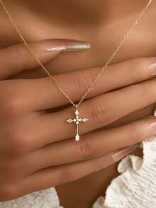 1pc S925 Sterling Silver Gold Plated Zirconia Cross Pendant Necklace - Hypoallergenic Platinum Plating - Minimalist Classic Zirconia Teardrop Cross Design - Matching Cross Set Available - Pure Silver Jewelry - Women Necklace - Choker - Suitable As Holiday Gift - Daily Wear - Stackable - Multicolor - View 6