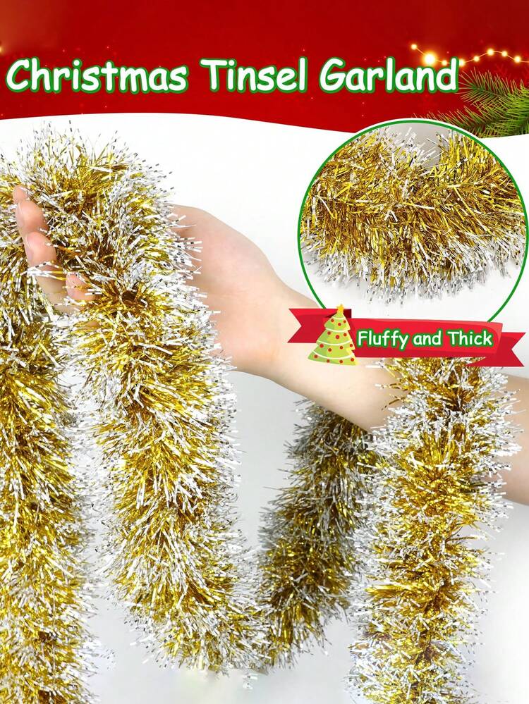4 dây kim tuyến Giáng sinh dài 26,24 ft, trang trí cây thông Noel, vàng trắng, kim tuyến, vòng xoắn treo dùng trong nhà và ngoài trời, trang trí tiệc Giáng sinh - Vàng và trắng - Xem 7
