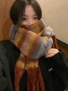 1件装女士棕色凌乱辫子羊毛条纹针织围巾，适合搭配连衣裙 - 棕色 - 查看 6