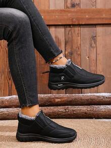 Women's Winter Fashion Casual Snow Boots (Please Note: The Shoes Are One Size Smaller. It Is Recommended To Buy One Size Larger.) - Solid Color, Comfortable And Easy-To-Wear Shoes, Suitable For Daily And Home Use, Round Toe Design, Textile Upper And Lining, Simple Style. - Black - View 5