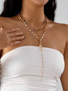 Set 3 buc colier cu pandantiv metalic în formă de cruce multistrat sexy, colier elegant cu perle false în formă de Y pentru femei, potrivit pentru cadouri de zi cu zi, petrecere, sărbători