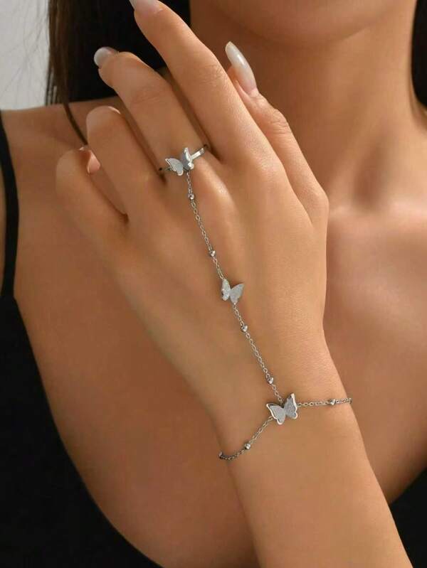 1 قطعة سوار من السلسلة المتصلة بشكل فراشة من الفولاذ المقاوم للصدأ بطبقة مطفأة، أنيق بطراز فرنسي للنساء، مناسب للارتداء اليومي والعطلات والمناسبات