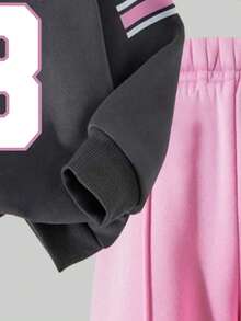 青少年女孩数字印花保暖圆领运动衫和裤子套装 - 黑色 - 查看 5