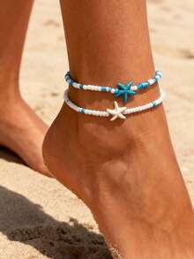 Minimalist Bohemian Style Beaded Shell & Starfish Anklet, Summer Beach Ocean Themed White Bead Ankle Jewelry, Suitable For Daily Wear