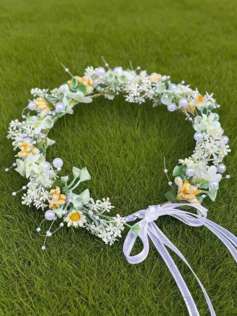 1 pièce Serre-tête de mariée fait main avec fleur rouge, accessoire de cheveux floral rose romantique de princesse, décoration de marguerite mignonne, bijou de cheveux de mariage de mariée, coiffe de demoiselle d'honneur, accessoire de la Saint-Valentin - Vert - Voir 1