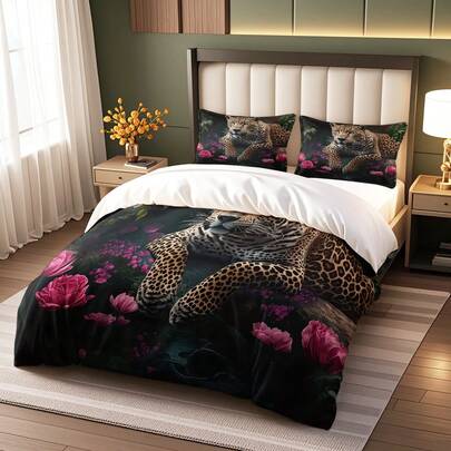 3pcs Set, Fashionable Wild Animal Leopard Rose Digital Print Bedding Set, Soft & Warm Blanket Suitable For Sofa, Office, Bed, Camping, Travel, Multi-Functional Gift Blanket For All Seasons