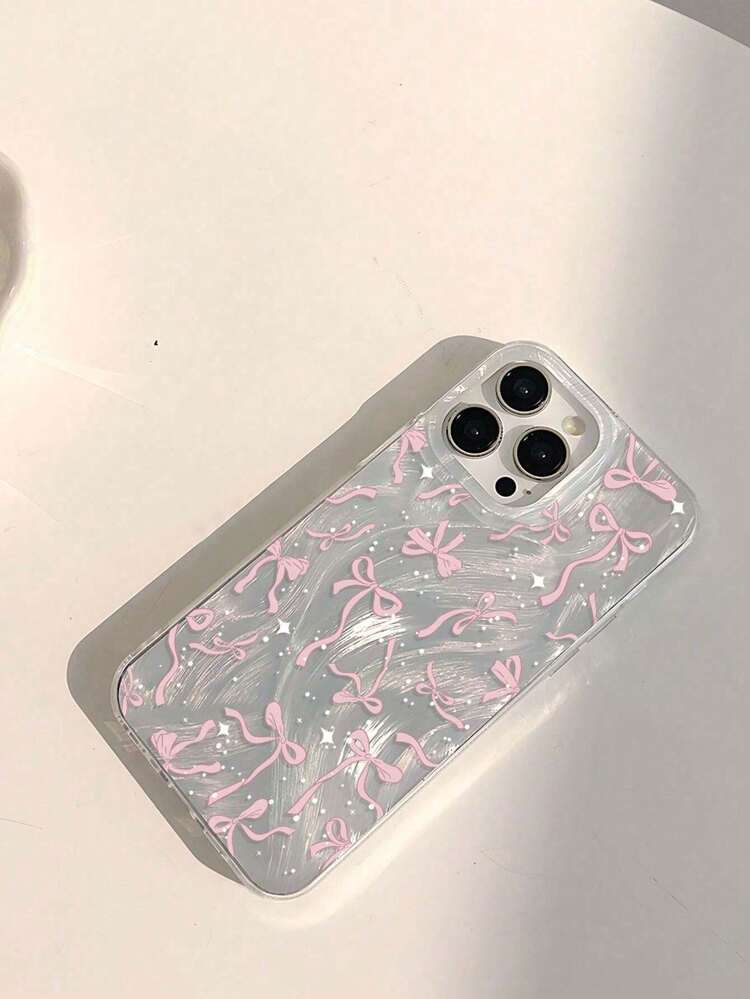 1 件少女粉色蝴蝶结和波尔卡圆点图案穿孔羽毛软手机壳，适合 11/12/13/14/15/16 Pro Max - 彩色 - 查看 3