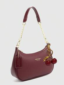 1 件简约纯色新月形手提包、时尚法棍包、多功能单肩包/腋下包、Y2K 宝贝包，配有蝴蝶结装饰吊坠 - 酒紅色 - 查看 4