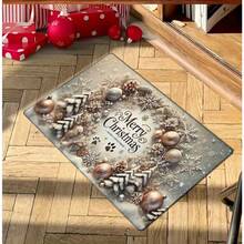 1pc Merry Christmas Flannel 2D Pattern Printing Doormat, Washable, Non-Slip Rectangular Mat With Cedar Tree And Ornament Design, Suitable For Entryway, Kitchen, Living Room, Bedroom, Bathroom - Holiday Home Decor, Christmas Decoration. Actual Item Is Smaller Than Picture. May Be Certain Color Difference.