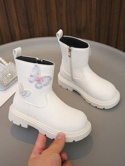 1 Pair Girls' Cute & Fashionable Boots, Autumn/Winter, Butterfly Decor, Warm, School/Outdoor, Infant/Toddler Casual Boots, All Season Single Boot