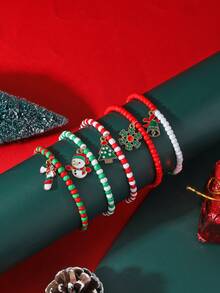 5pcs/Set Christmas Santa Claus & Snowflake Shaped Pendant Bracelets, Lucky Charm Jewelry Set, Christmas Gift - Rice Bead Set - View 1