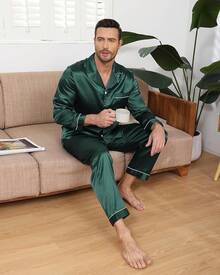 BigKing Men's Silk Satin Pajama Set, Men's Pajama Set, Soft, Long Sleeve, Button-Down - Khaki - View 4