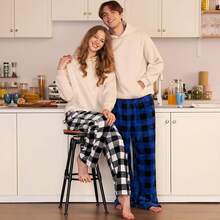 Mens Pajama Pants Soft Flannel Fleece Pajama Bottoms Sleep & Lounge Pants With Pockets And Drawstringhalloween - 黑色和藍色格子 - 查看 9