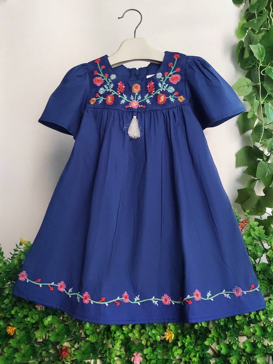 Girls Floral Embroidery Casual Princess Dress, Suitable For Party, Girls Summer Clothing - Blue - View 1