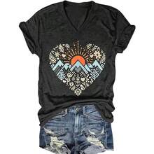 Womens V-Neck T-Shirt Flower Graphic Tees Summer Fashion Boho Tops Tshirts Loose Casual Wildflower Beach T Shirts - 深灰色2 - 查看 2