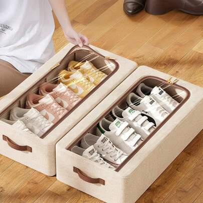 Foldable Fabric Shoe Storage Box With Transparent Cover, Shoe Organizer Box, Stackable Shoe Rack Container, Closet Organizer For Sneakers, Boots, Heels, Shoe Holder With Clear Window Display
