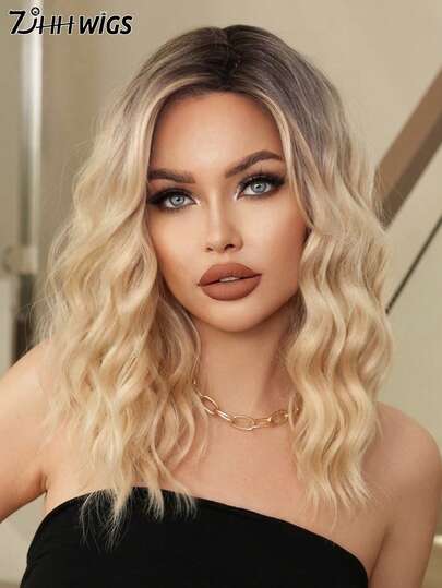 7JHH WIGS 18 Inch Medium Length Ombre Blonde Curly Wig For Women Shoulder Length Wavy Wigs With Side-Swept Bangs, Natural Synthetic Heat Resistant Fiber Hair Wig For Girls Daily Party Use