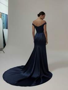 Basrey 新款优雅女士白色吊带连体修身连衣裙，拖地长裙，伴娘礼服，适合参加婚礼和担任伴娘，情人节礼服 - 藏蓝色 - 查看 7