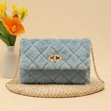 Fluffy Material Diagonal Crossbody Bag For Women, New Fashion Versatile Chain Shoulder Bag, Furry Clasp Small Square Bag - Blue - View 9