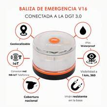 6 V16, Baliza de emergencia, luz de emergencia, DGT 3.0, baliza homologada y conectada a DGT 3.0, con geolocalización.