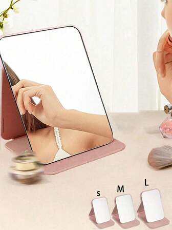 Pink Simplicity Design Foldable Portable Makeup Mirror,Makeup Mirror With Bracket, Travel Mirror, Beauty Products, Desktop Makeup Mirror, Rectangular Desktop Compact Mirror Foldable Small Minimalist Makeup Mirror, Travel Portable Makeup Mirror For Women'S Gift - The Best Gift For Mom And Teacher And Doctors And Nurses And Students,Birthday Gift, Teacher's Day Gift,Back To School Gift(Three Sizes)