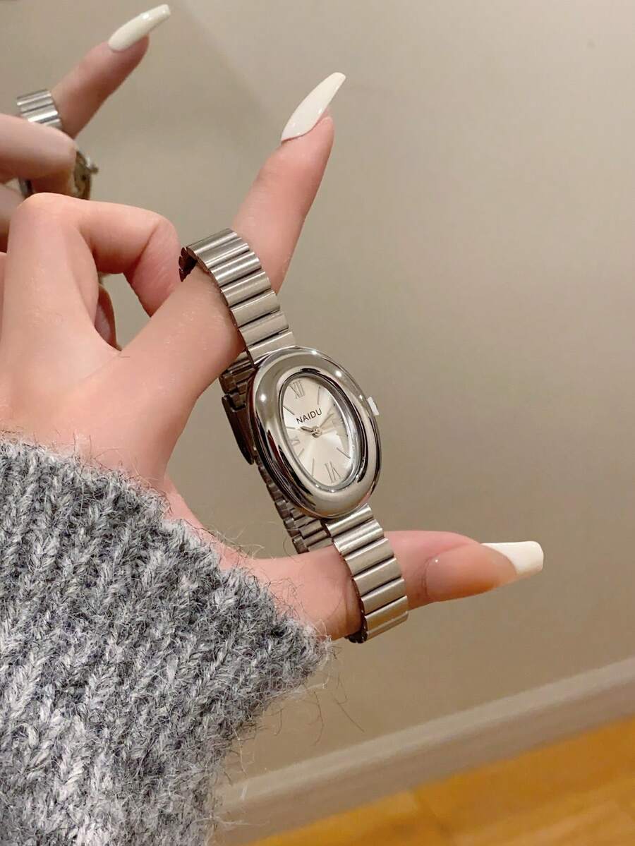 1 件女士椭圆形银黑色表盘金色石英休闲手表，适合日常佩戴 - 銀色 - 查看 1