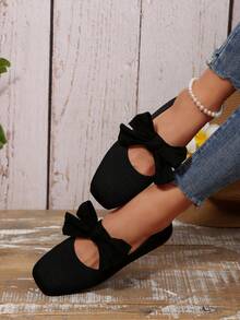 女士编织玛丽珍平底鞋，优雅可爱蝴蝶结装饰平底鞋，透气针织方头芭蕾平底鞋，学生鞋，女士休闲鞋 - 黑色 - 查看 6