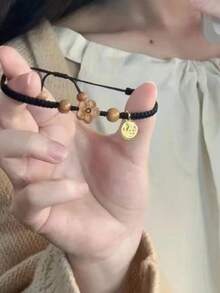 1pc Black New Chinese Style Peach Blossom Elegant Oriental Handmade Adjustable Woven Bracelet, Suitable For Women's Daily Wear