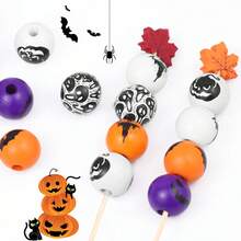 10pcs Multicolor Round Pumpkin, Bat, Skull, Ghost, Spider Web Shaped Wooden Beads, Halloween Themed Decorative Beads, Spacer Beads, For DIY Bracelets, Necklaces, Earrings, Anklets, Keychains, Backpack Chains, Christmas, Thanksgiving, Back To School, Birthday Gifts, Room Party Decor