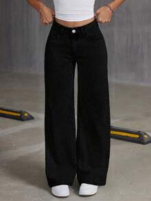 Tween Girls' Loose Fit Casual Comfortable Solid Color Straight Leg Wide Leg Jeans - Black - View 4