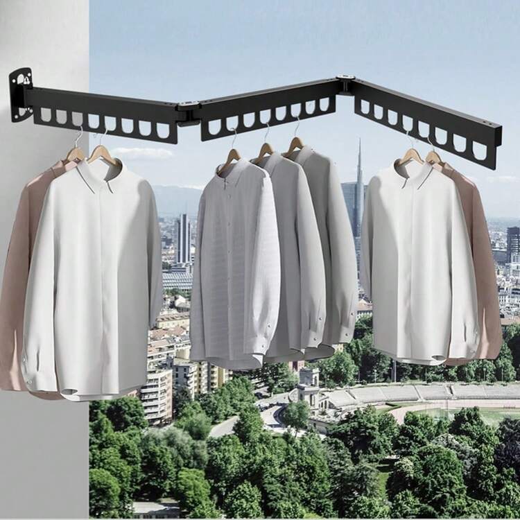 1pc Modern Metal Folding Clothes Drying Rack, Space-Saving Multi-Slot Design, No Electricity Needed, Suitable For Balcony And Wardrobe Organization, Indoor/Outdoor Use, Balcony Clothes Rack | Modern Design | Clothes Drying Rack, 1pc Stainless Steel Folding Clothes Rack - Polished Finish, Hidden Wall-Mounted Design, Suitable For Balcony And Indoor Use, Space-Saving Wall-Mounted Clothes Drying Rack - Foldable & Extendable Aluminum Laundry Hanger (Expansion Screws Style Randomly Sent) - Black - View 5