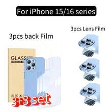 [Set de 3+3] 3 Protectores de vidrio templado para la parte trasera y 3 Protectores de lente para iPhone 15/16 Series - Diseño de mármol/brillo de purpurina de lujo, anti-arañazos, compatible con fundas, adecuado para iPhone 15/16/15pro/16pro/15 Plus/16plus/15pro Max/16pro Max