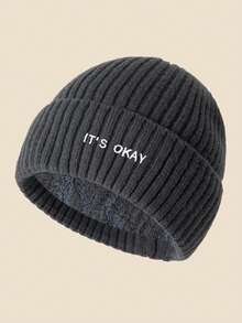 1pc Unisex "IT's OKAY" Embroidered Solid Color Knit Beanie, Men's Winter Thermal Lined Warm Cuffed Hat, Soft & Comfortable, Minimalist & Fashionable, Suitable For Cold Weather Winter Clothing - A - View 6
