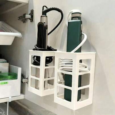 رف تخزين ملحقات الشعر المثبت على الحائط، مناسب لأدوات تجعيد الشعر والمشط والمكواة، صندوق تخزين للحمام بدون ثقب، صندوق تخزين ملحقات الشعر، صندوق تخزين أدوات تصفيف الشعر بدون ثقب، رف تخزين المكواة والمكواة الحرارية، صندوق مثبت على الحائط للحمام