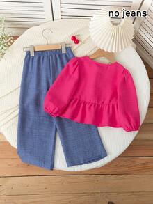 [Không phải denim] Bộ 2 áo cardigan cổ tròn màu trơn đơn giản cho bé gái kèm quần ống đứng in họa tiết trái cây, thích hợp mặc hàng ngày, ở nhà, ngoài trời, xuân/thu - Hồng - Xem 2