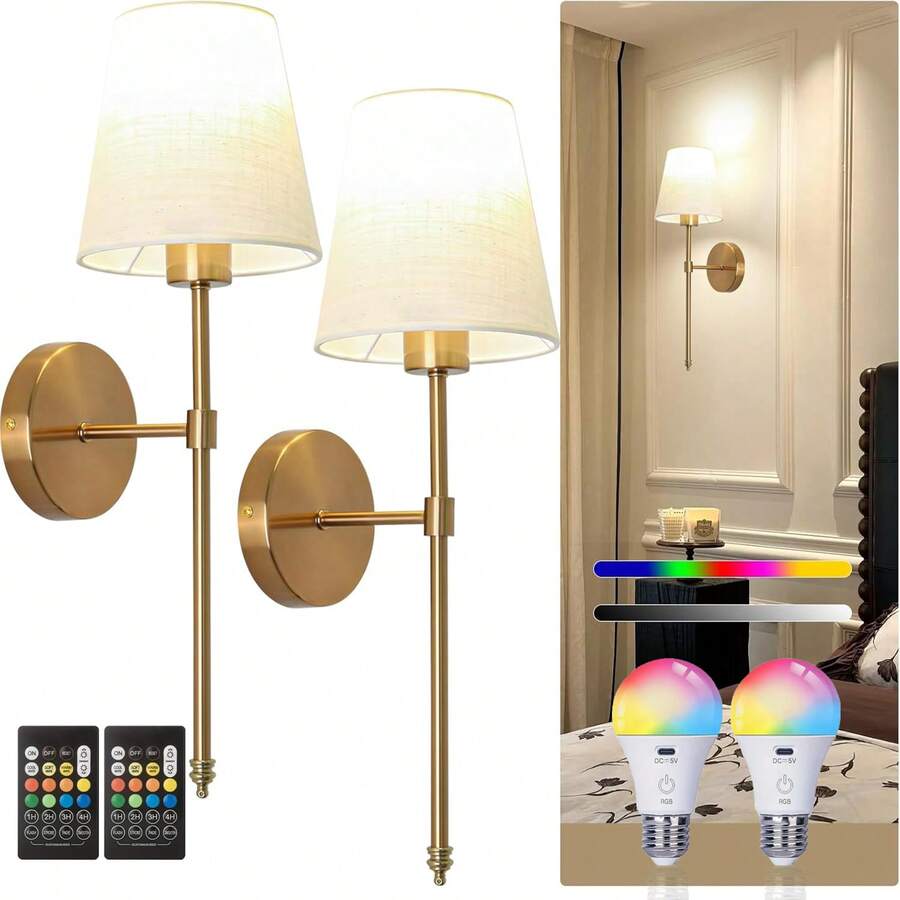 2 luminárias de parede recarregáveis, lâmpadas removíveis e com controle remoto, cores RGB ajustáveis e 3 temperaturas de cor, luzes de parede sem fio para sala de estar, quarto, cabeceira, escadas, iluminação interna