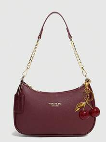 1 件简约纯色新月形手提包、时尚法棍包、多功能单肩包/腋下包、Y2K 宝贝包，配有蝴蝶结装饰吊坠 - 酒紅色 - 查看 6