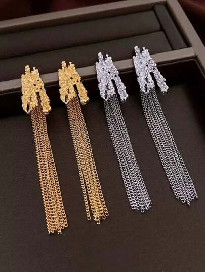 1 Pair Unique Asymmetrical Pleated Long Chain Tassel Dangle Earrings, Fashion Personalized Design Earrings