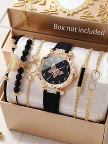 6 件套女士皮带时尚钻石花瓣数字表盘石英表 + 手链套装，母亲节礼物，生日礼物
